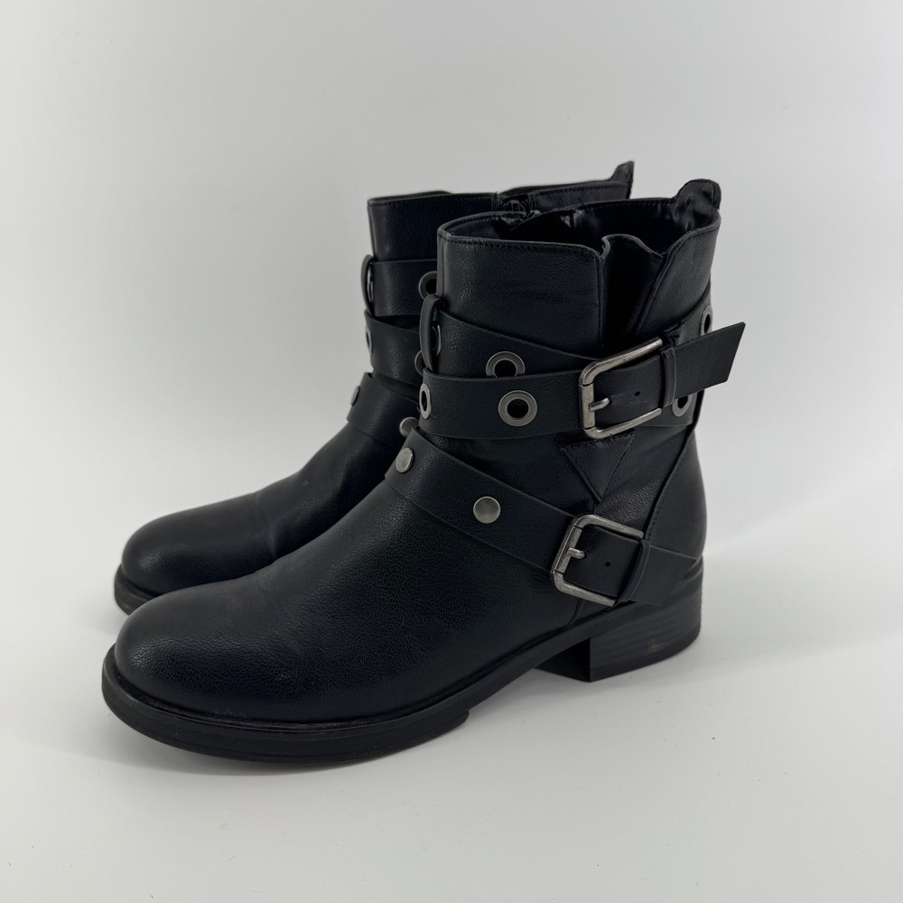 Indigo Rd Black Moto Biker Ankle Boots Buckle Strap Grunge Y2K Womens 9 Goth
